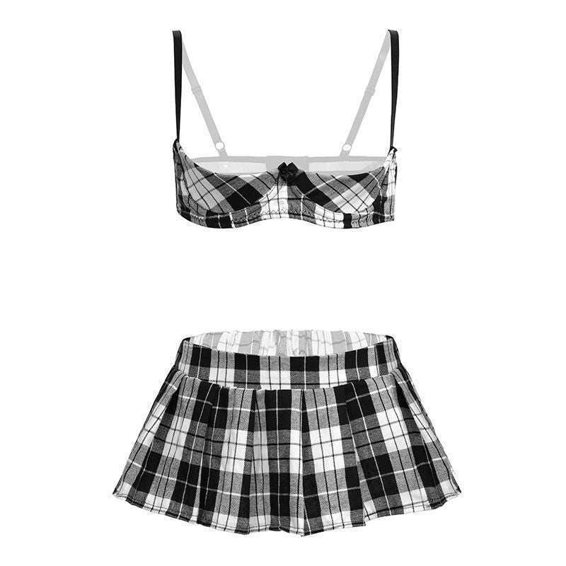 Sexy lingerie steel ring Plaid student uniform skirt seductive set