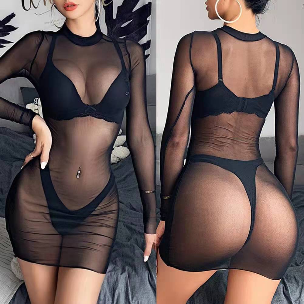 Sexy coquettish sheer mesh long sleeve seductive hip tight skirt short skirt thin sexy lingerie