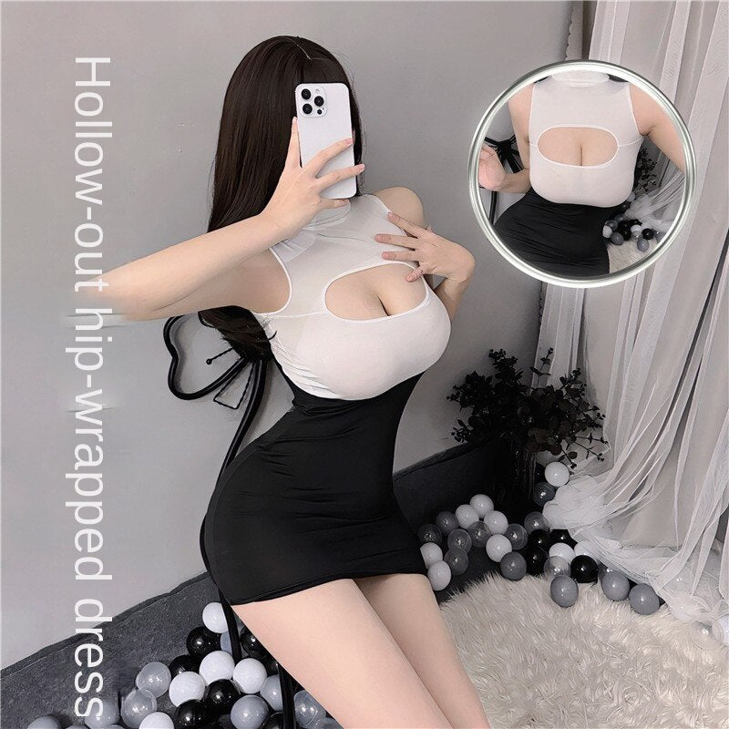 Sexy underwear hot hollow-out women's tight Secretary hip skirt seductive nightclub uniform breast-exposed Midnight Passion